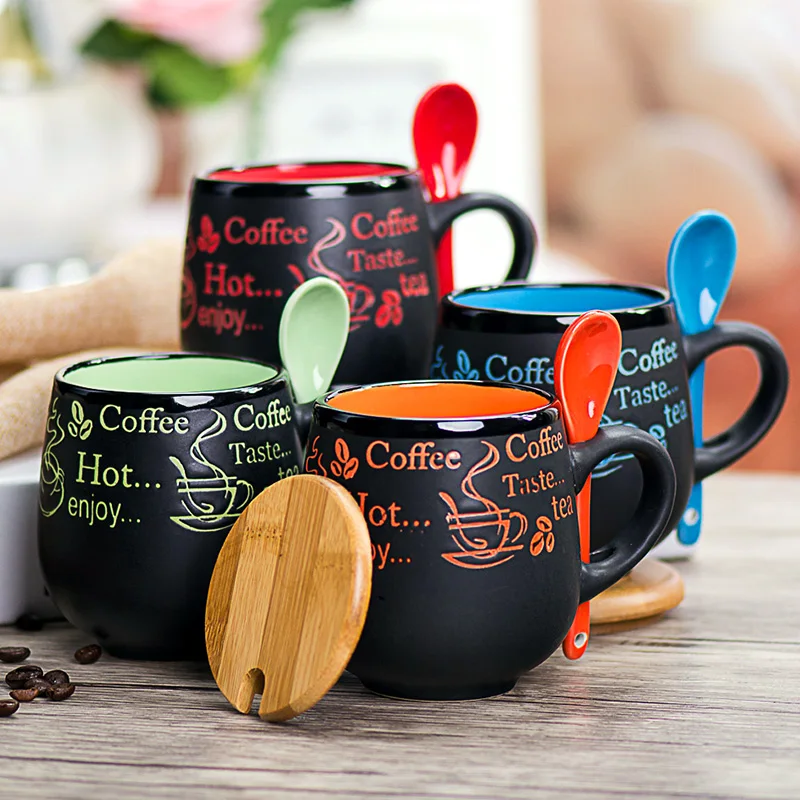 

Coffee Cup Coffee Cup European Cup set creative shipping with cover with spoon ceramic mug matt black coffee