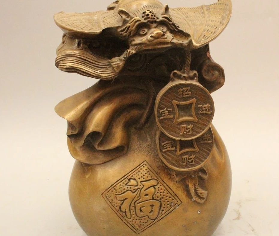 

10" Chinese Folk Feng Shui Bronze Lucky Fu Longevity Bat Money Bag Statue sculpt