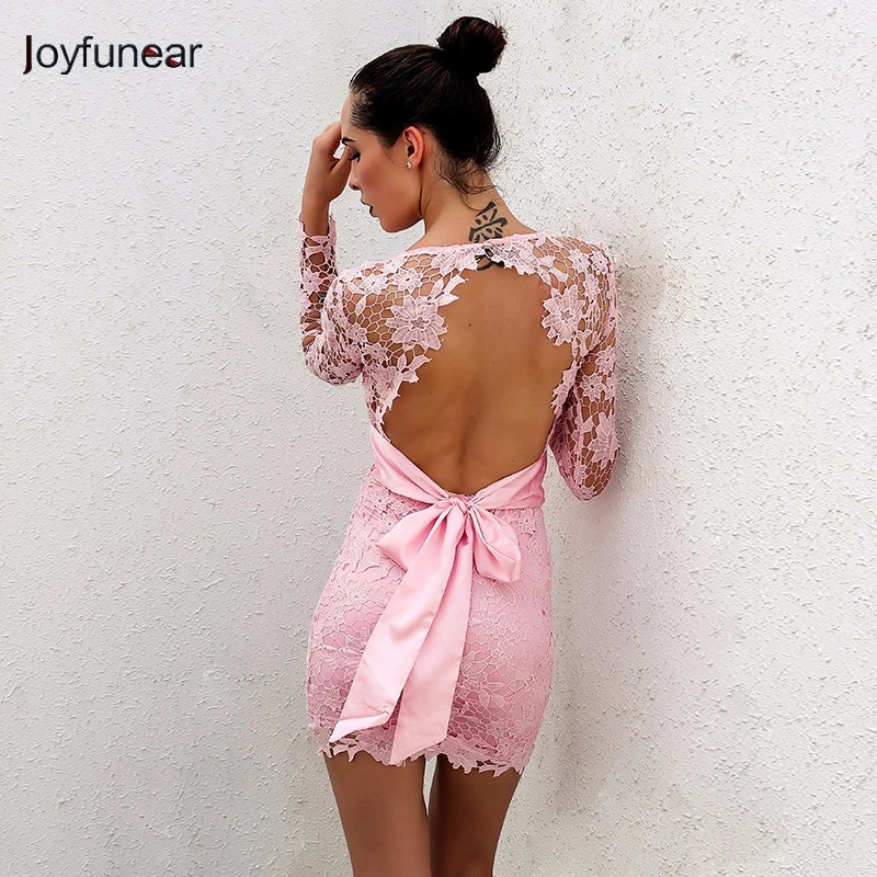 2016 Mulheres Profundo Decote Em V Manga Comprida Lace Floral vestido backless Mini Vestido Bodycon com cinto arco Vestidos Vestido