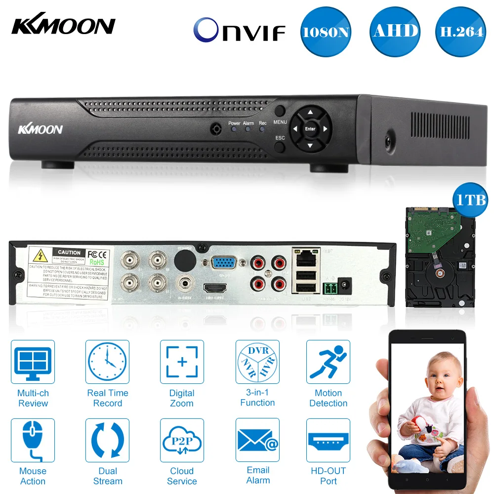 KKmoon Full 1080N/720P 4CH AHD DVR HVR NVR+ 1 ТБ Seagate HDD P2P ONVIF HDMI 4CH DVR рекордер для камера системы безопасности HD CCTV система