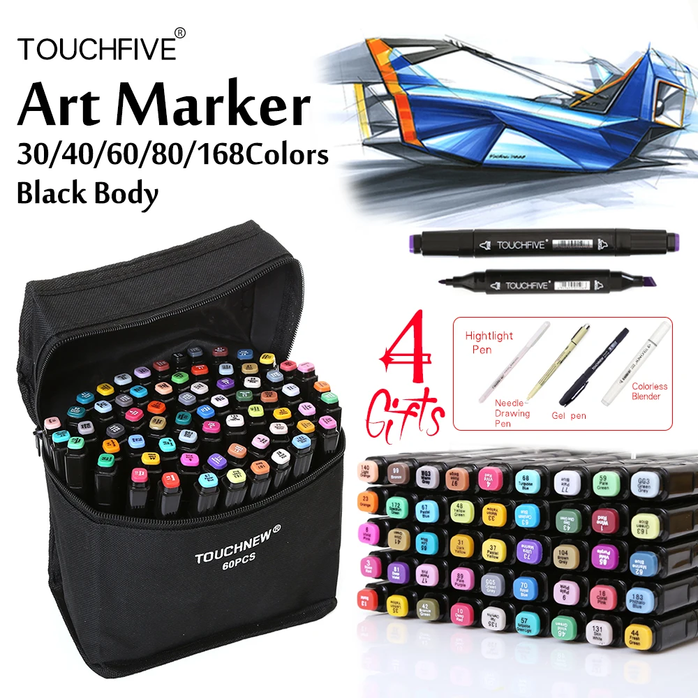 

TouchFive Black Marker 30/40/60/80 Colors Dual Headed Alcoholic based Marker Set Best For Manga Animation Art Sketch Markers
