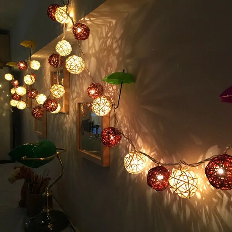 LED Christmas Outdoor String Light 20 White Coffee Rattan Balls Wedding Fairy Holiday Garden Patio Room Decorative Garland | Лампы и