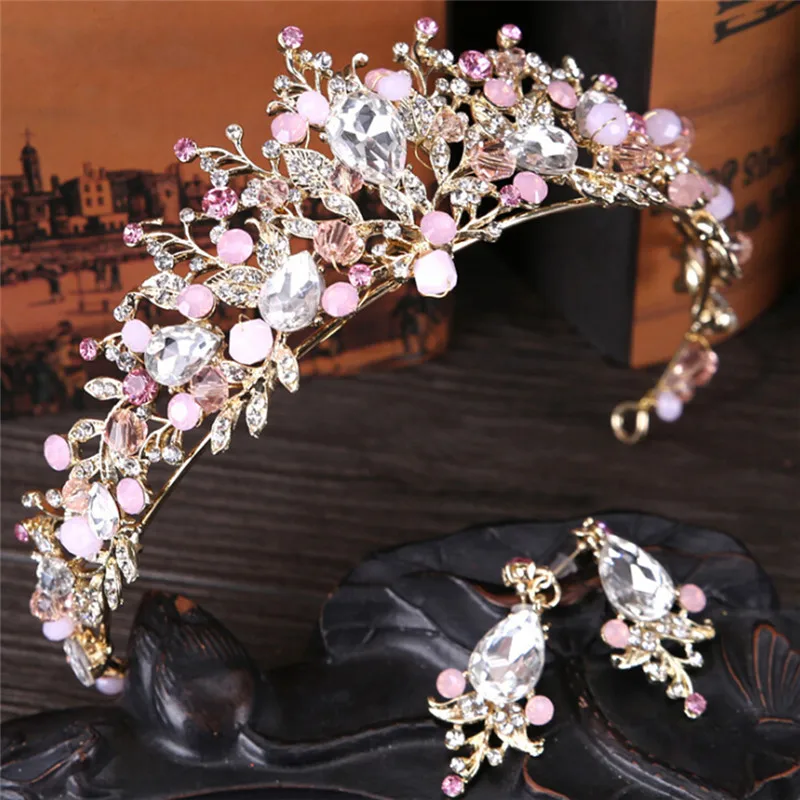 Luxury Bridal Handmade Tiara Bride Wedding Headband Pink White Pearl Crowns Hair Accessories Crystal Wedding Diadem Queen Crown