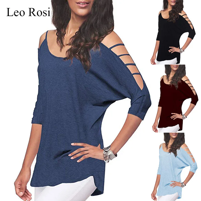 

Leo Rosi 2019 new women casual t-shirts loose t shirt hollowed out shoulder thalf quarter sleeve t shirts DT22