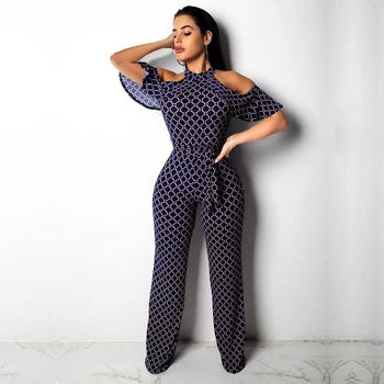 

Women Sexy Halter Short Sleeve Off Shoulder Jumpsuits Female Summer Elegant Digital Print Rompers With Sashes Casual Overalls