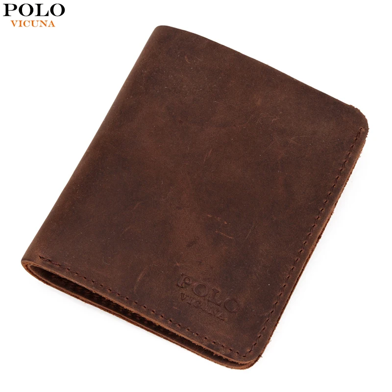 

VICUNA POLO Natural Genuine Leather Man Wallet Vintage Simple Design Men's Slim Short Wallet Crazy Horse Leather Men Purse Hot