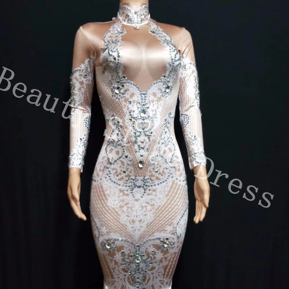 

Glisten Rhinestones White Or Red Printed Long Tail Dress Birthday Evening Party Outfit Nightclub Female Singer Show Sexy Dresses