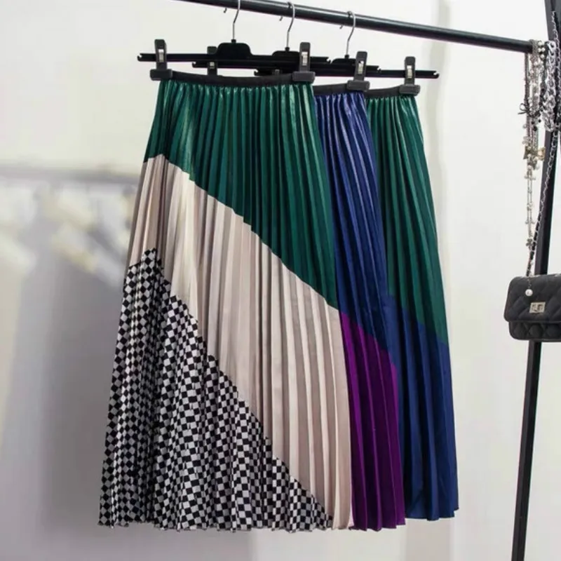 

2019 New Women Korean Long Skirt Cartoon Printed High Waist Skirt Loose Large Swing Skirt High Street Striped Pleated Skirt