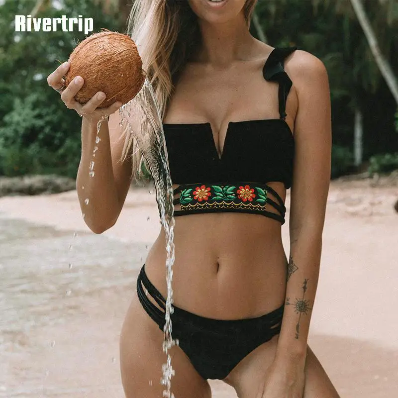 

Rivertrip Floral Print Bikini Sexy Ruffle Swimwear Women Push Up Swimsuit Micro Bottom Biquini New Strap Bathing Suit Women 2019