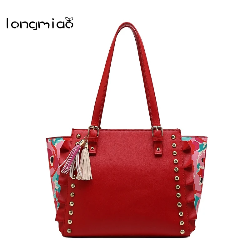longmiao Large Capacity Tassel Tote Bag Women Soft Leather Handbag