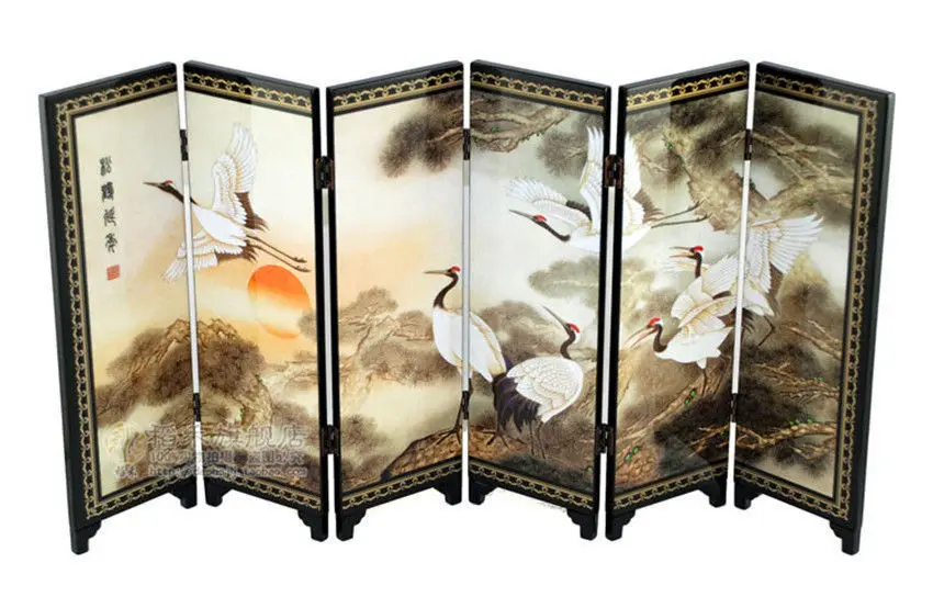 home decor chinese lacquer painting beautiful folding screen songhe pattern cranes longevity figure decoration gift