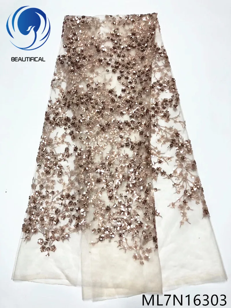 

Beautifical French lace fabrics New design nigerian net lace fabric for dress 5yards lace sequins embroidery fabric ML7N163