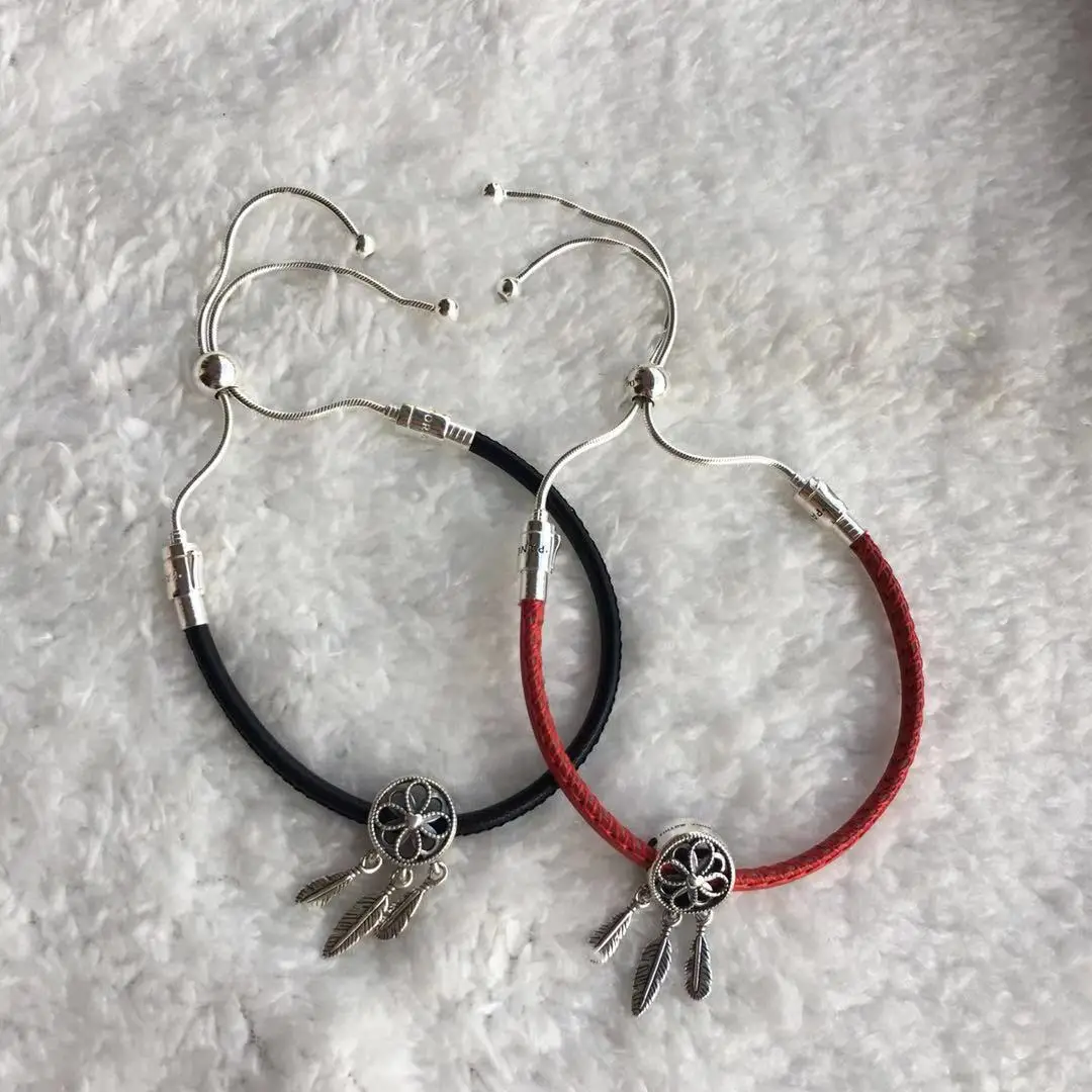 

Fits Pandora Jewelry Charm with Women Party Jewelry Gift 925 Sterling Silver Bracelet Dream Catcher Leather Rope Bracelet