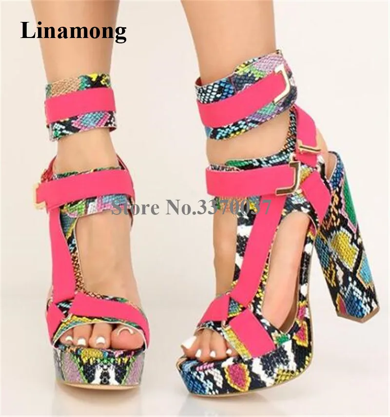 

Newest Snake Leather Heels Brand Open Toe High Platform Patchwork Buckles Chunky Heel Gladiator Sandals Ankle Wrap Dress Shoes