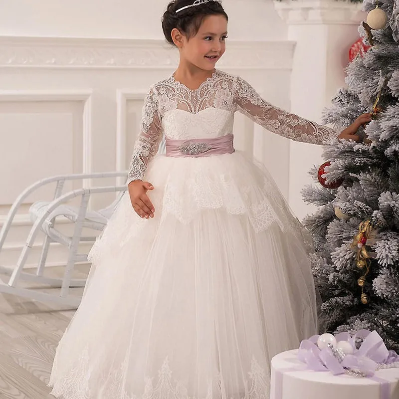 

Lace White Ivory Ball Gown Long Sleeves Flower Girl Dress Solid O-Neck Bow Sash Vestidos Primera First Communion Dress 2019
