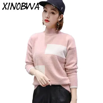 

2018 New Women's Sweater Lose Wool Imitation Mink Cashmere Turtleneck Long Sleeve Pullover Knitted Sweater Female Winter Sweater