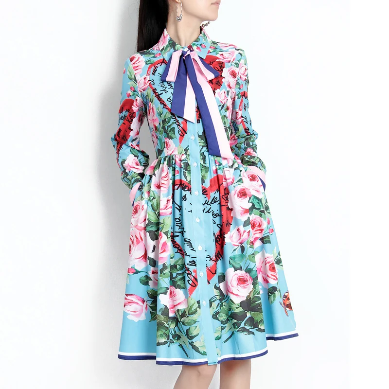 

High Quality 2019 Spring/Summer Designer Fashion Dress Women's Long Sleeve Bow Elegant Casual Blue Amazing Flower Print Dress
