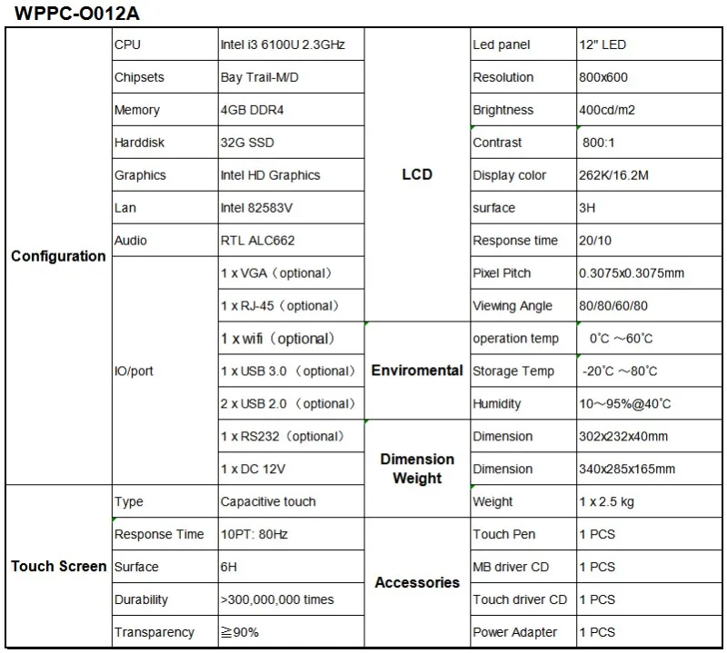 IP66 IP67 12 дюймов Водонепроницаемый промышленных Панель PC, Core i3-6100 Процессор, 4 ГБ DDR3, 32 г SSD, RS232 USB RJ45 WI-FI дополнительно