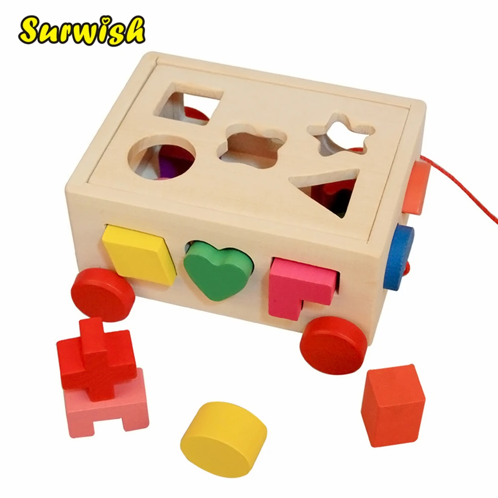 Surwish 15 Holes Pull Along Car Wooden Shape Sorter Early Education Toy
