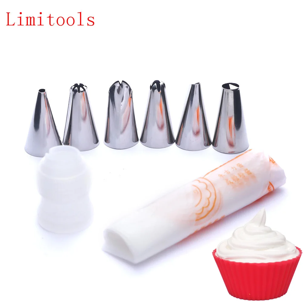 

10PC/Set 3PC Disposable Icing Piping Cream Pastry Bag +6 Stainless Steel Nozzle Tips+ Cake Converter Decorating Tools