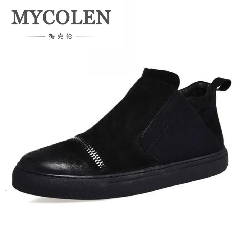

MYCOLEN Slip On Causal Boots Genuine Leather Mens Winter Black Ankle Boots Personality Zipper Men Winter Boots Chaussures Homme