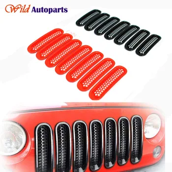 

7pcs Black / Red Front Bumper Grille Mesh Insert Cover Trim Kit for Jeep Wrangler & Unlimited 2007-2015