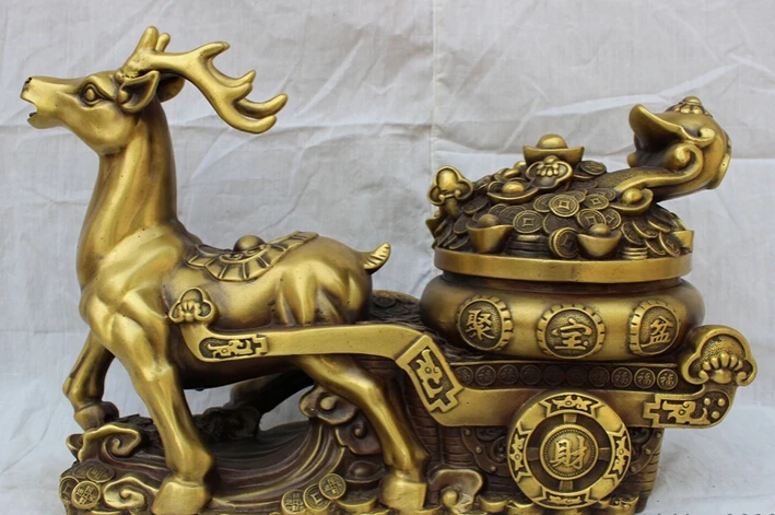 

Collectible bronze S1293 14" Lucky Chinese Bronze Auspicious Deer Carry Wealth RuYi Treasure Bowl Statue B0403