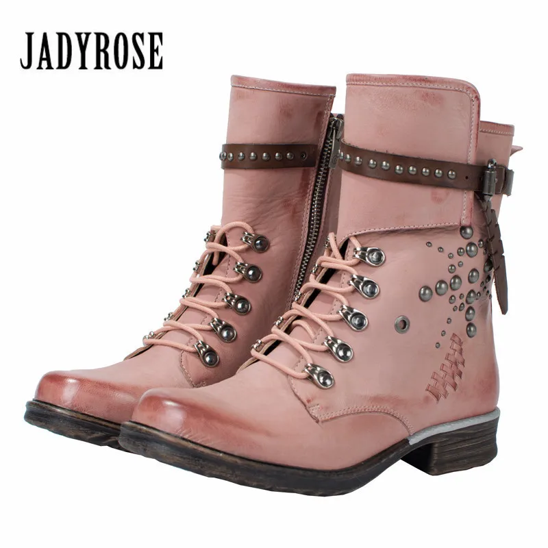 

Jady Rose Punk Style Pink Ankle Boots for Women Rivets Studded Leather High Boot Autumn Winter Female Platform Rubber Boots