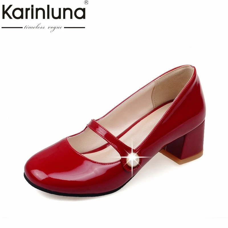

KarinLuna Women's School Stylish Mary Jane Shoes Woman Chunky Heels Patent Leather Upper Pumps Big Size 32-43