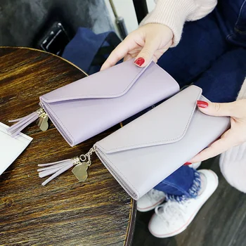 

Fashion Women PU Leather Long Section Wallet Simple Tassel Solid Color Metal Heart Shape Pendant Decoration Multi-functional