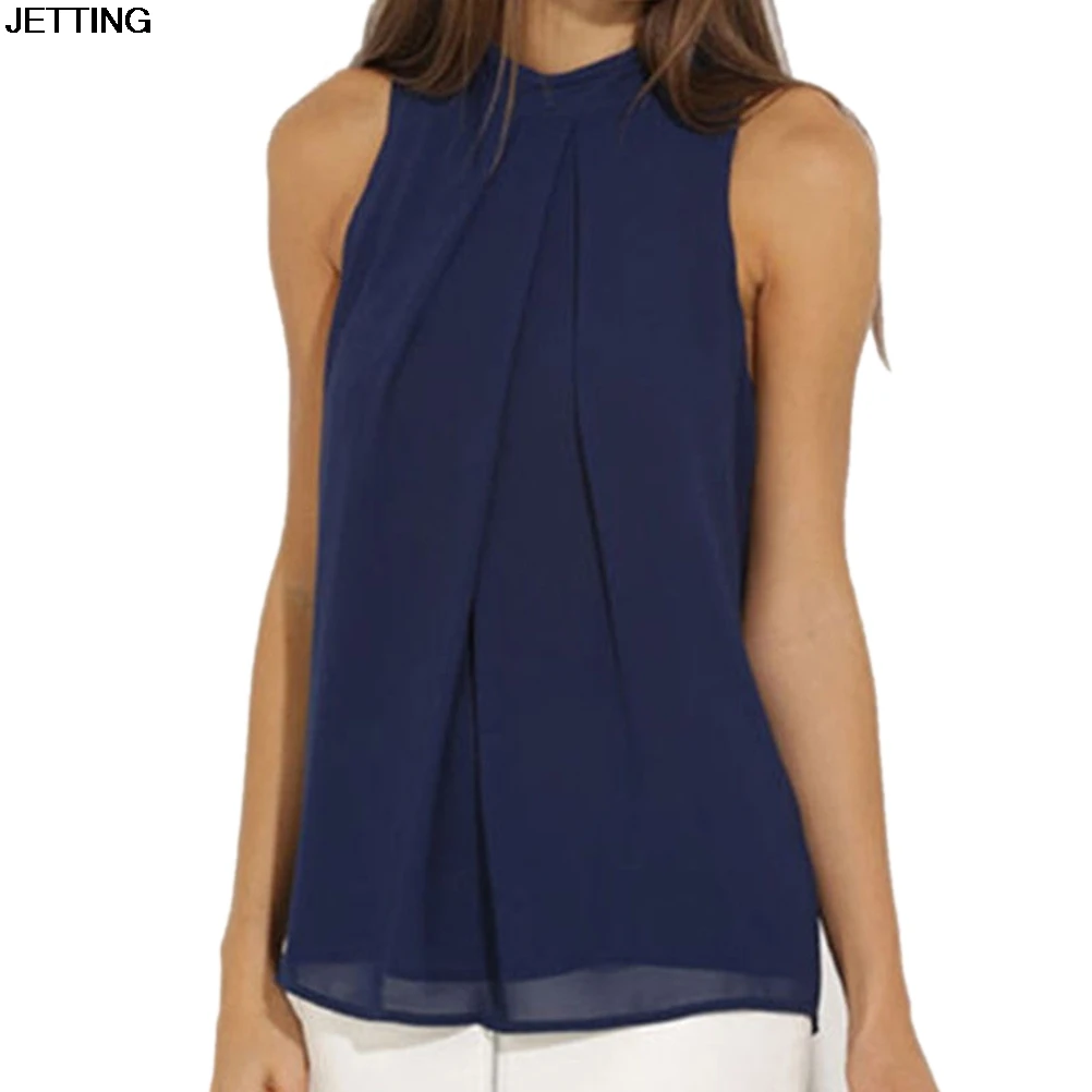 Navy Blue Chiffon Tank Tops Sleeveless Tops Tees Summer Women Topsin