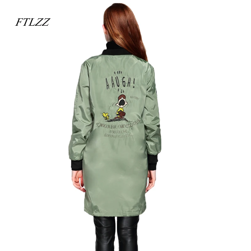 Ftlzz Autumn Women Medium Long Jacket Letter Print Slim Fashion Female Coats Zipper Plus Size Chic Bomber Jacket Women