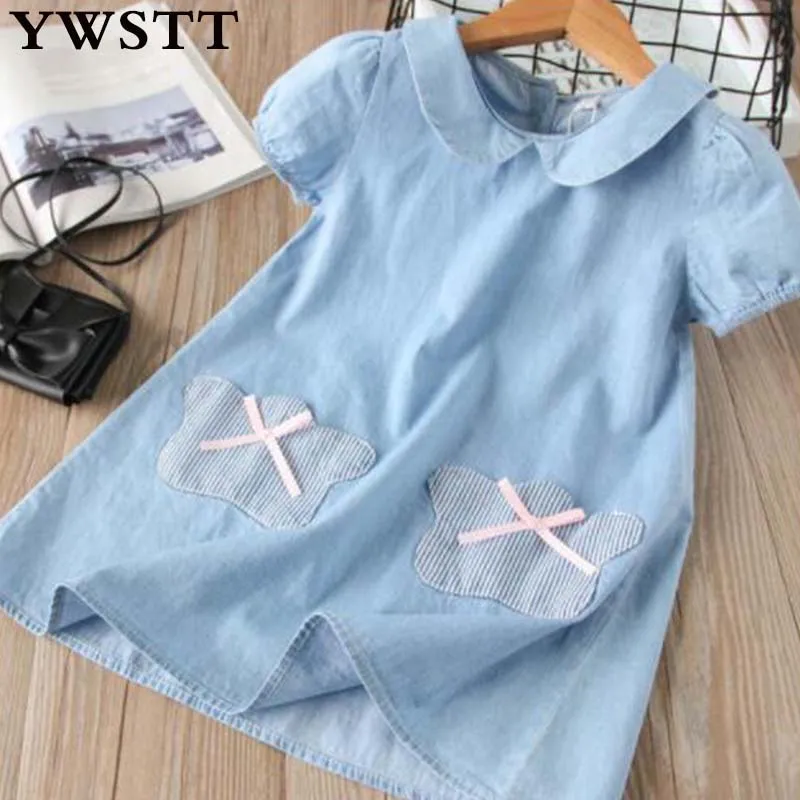 

Girls Soft Jeans Short Sleeve Dress 2018 New baby Girl short sleeve appliques Turn-down collar dress Kids Clothes A-line dresses