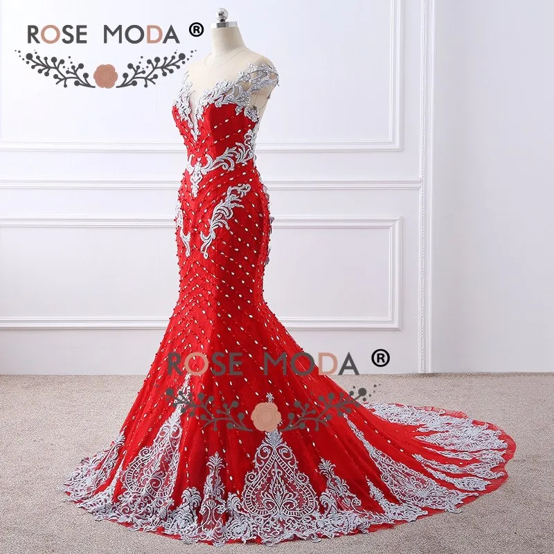 Rose Moda, роскошное Красное Кружевное платье русалки для выпускного вечера, украшенное бисером, с открытой спиной, ручная работа, 3D цветы, жемчужные пуговицы, официальное вечернее платье