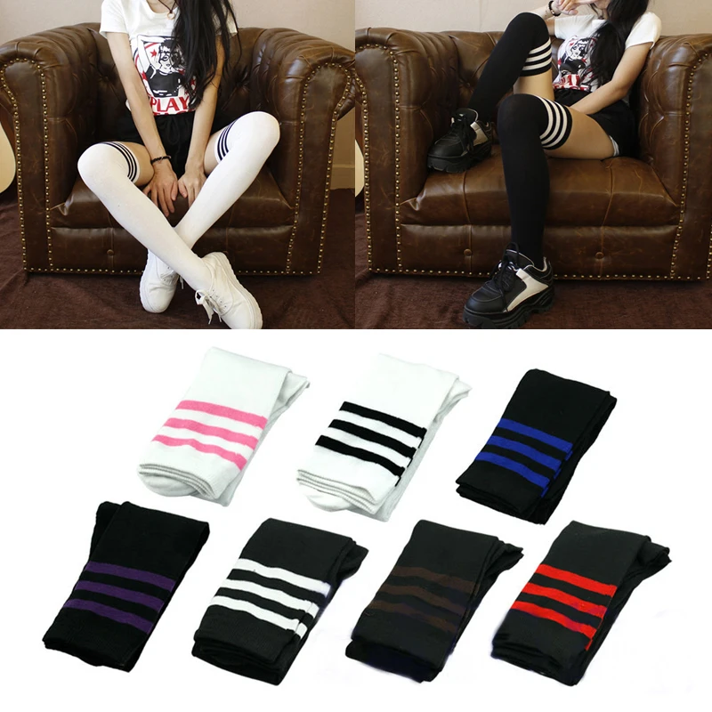 Fashion Sexy Girls Students Women Sexy Stripe Cotton Over Knee Socks Thigh High Stockings Long Socks Cotton Stockings