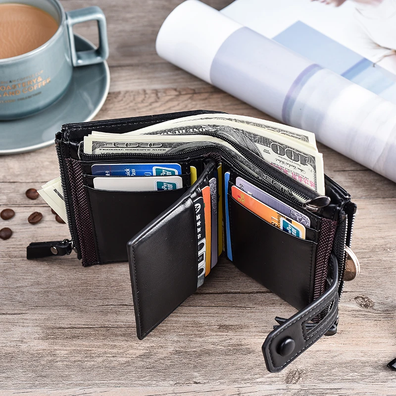 Tri-bifold Wallet Purse PU Leather Men's Wallet Hasp Design Small Mens Wallets With Zipper Coin Poc