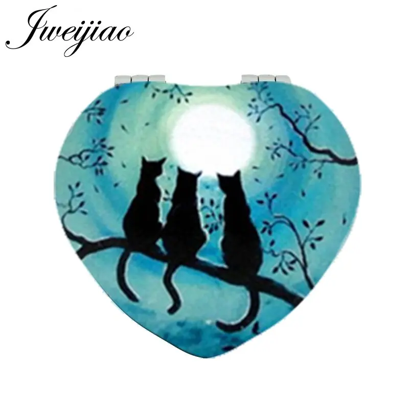 JWEIJIAO Луна и кошка на ветке сердце карманное зеркало из искусственной кожи мини складное 1x/2x увеличительное зеркало для макияжа для женщин