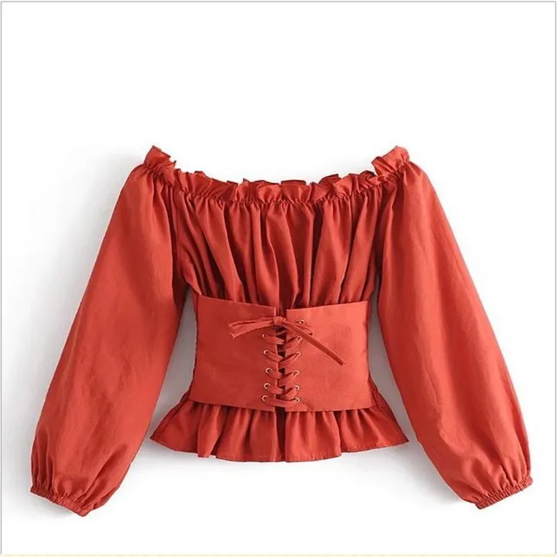 Sexy Women 2019 New Spring Summer Slash Neck Short T-Shirt Female Corset Strap Lantern Long Sleeve Slim Sexy T-Shirts CQ1144