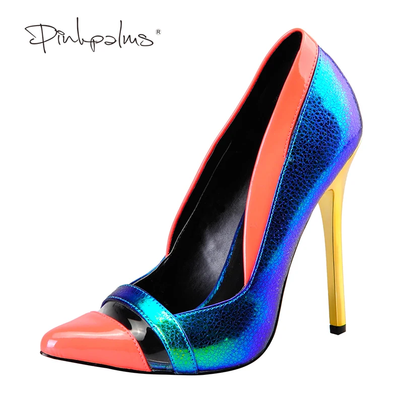 

Pink Palms 2017 women summer shoes thin heels pointed toe metal high heels shallow pvc and dazzle wedding shoes party heels pump