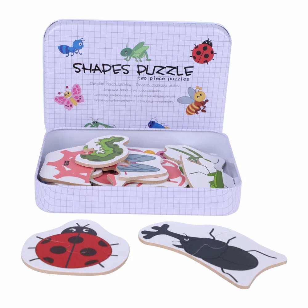 

Kids Cognition Puzzle Toys Set New Iron Box Cartoon Wooden Puzzles For Children Kids Early Educational Matching Game Wooden Toys