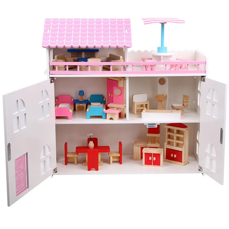 DIY Миниатюрный Кукольный дом мебель Наборы 3D Деревянный Miniaturas кукольный домик игрушки для детей подарки на день рождения 46 см - Цвет: Розовый