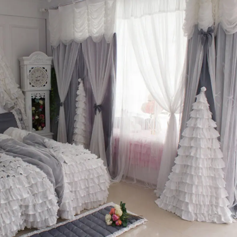 Valance grey cloth and tulle curtains luxury handmade cortinas bedroom