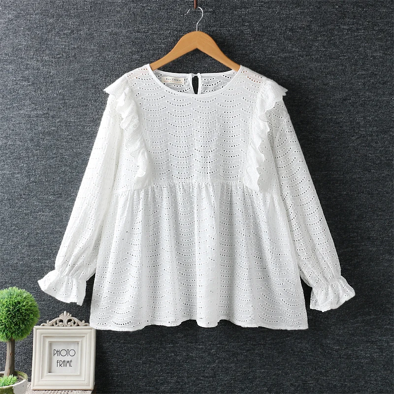 

2019 Korean Women Spring Clothes Mori Girl Pure White Cotton Lace Embroidered Doll Shirt Ruffles Pullover Shirt Coat for Women