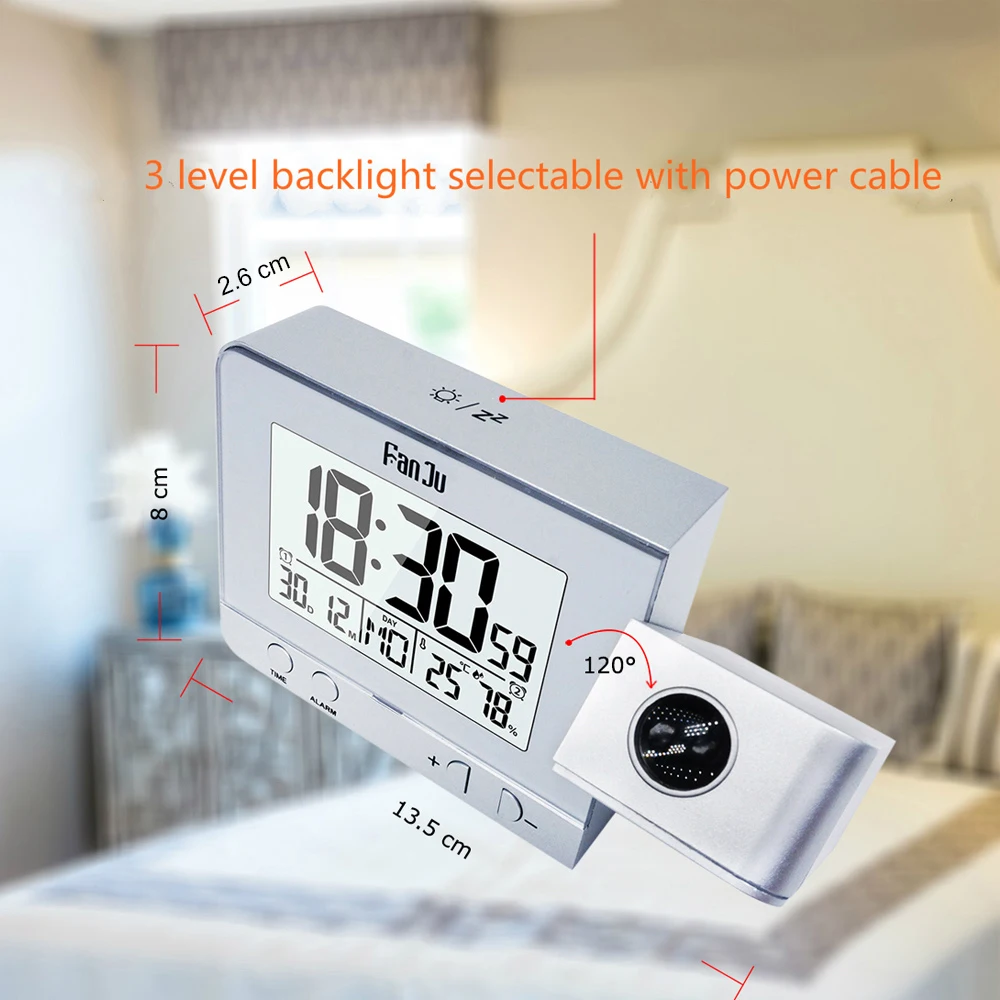 Серый проектор Будильник вращающиеся цифровые проекционные часы многофункциональные ЖК-часы с функцией повтора даты подсветка