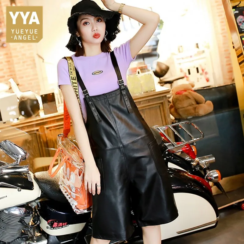 

Womens Shorts Sheepskin Genuine Leather Casual High Quality Soft Female Trouser Autumn Streetwear Straps Short Suspender Shorts