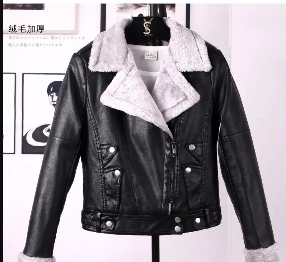 motorcycle Winter Warm Faux Fur Coat Women Leather Jacket Ladies Slim Moto Biker Basic Jackets Plush Casual Outerwear