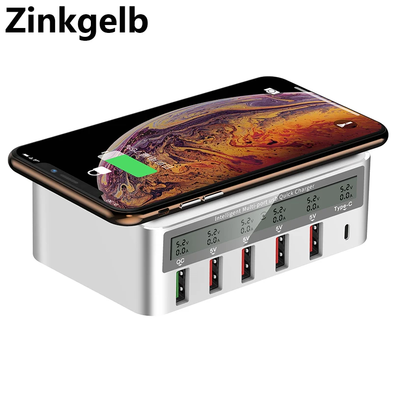 Desktop Smart Multi-port Hub Charging Station 10W Qi Wireless Fast Charger LCD Screen Quick Charge 3.0 USB Port PD | Мобильные