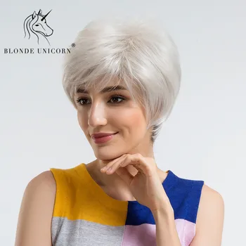 

BLONDE UNICORN 10 Inch Wigs Heat-Resistant Synthetic Fiber Silver Short Wigs Fluffy Natural Hair Wigs With Side Bangs For Women