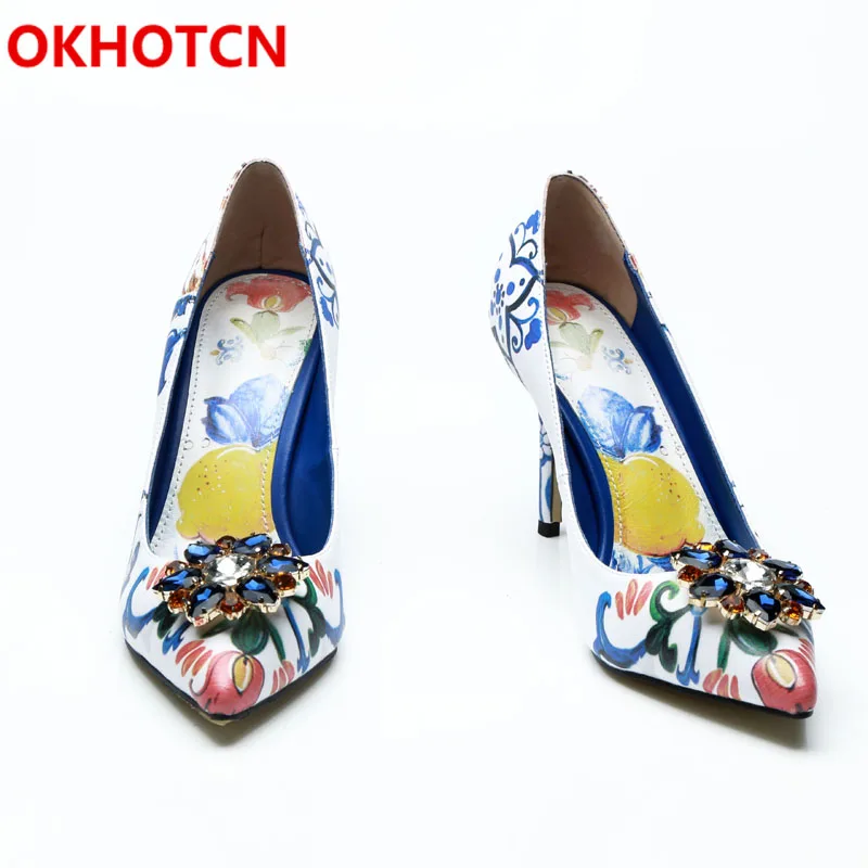 OKHOTCN sapato feminino элегантные женские туфли кристаллами пикантные лодочки цветочный