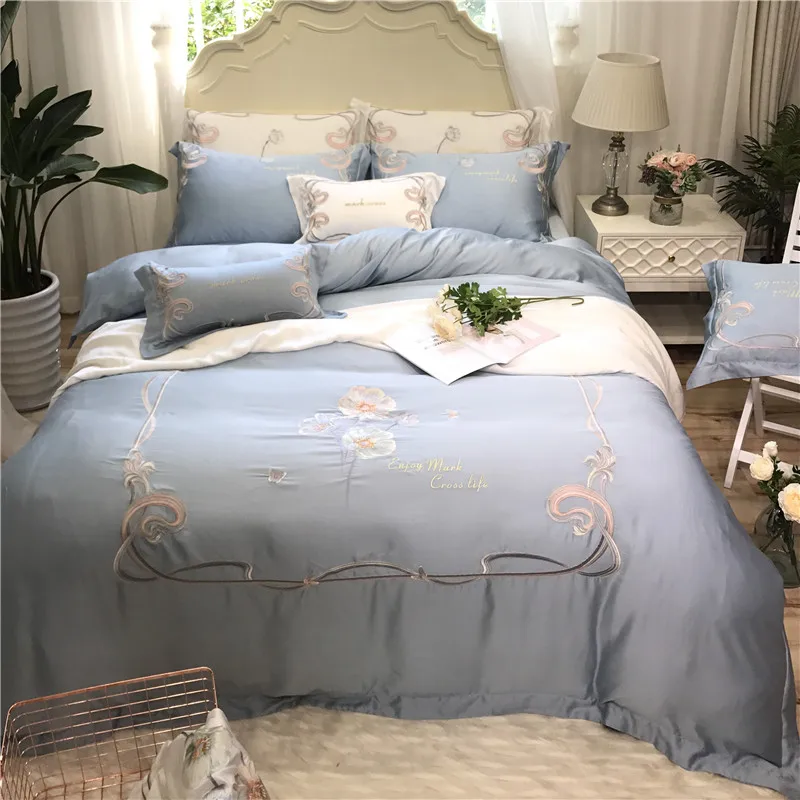 

2018 White blue Sort tencel Embroidery bedding set king queen size duvet cover flat sheet pillow case